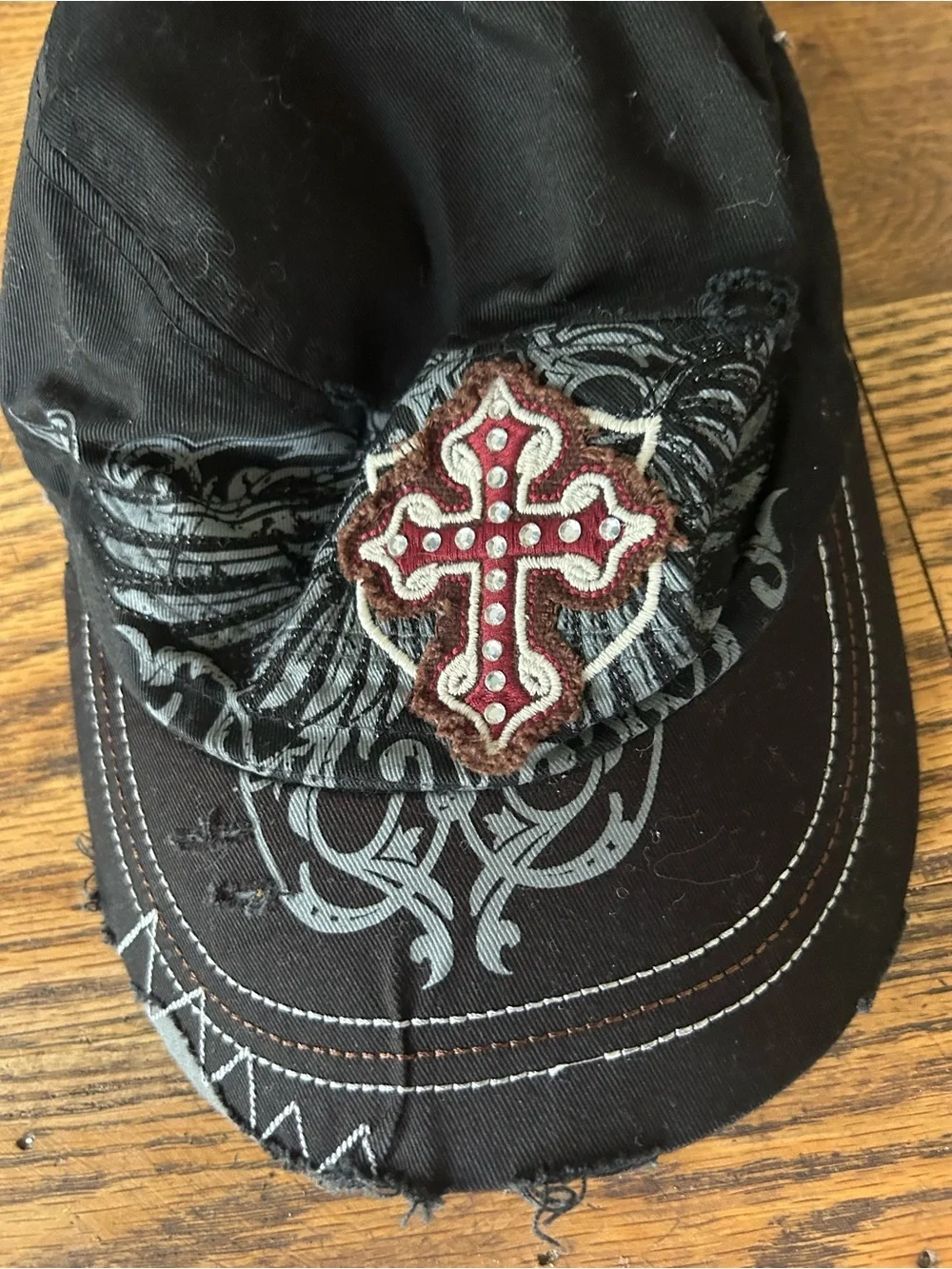 Vintage Womens Leader Hat Cap Bling Distressed Cross Angel Wings Y2K Goth Edgy